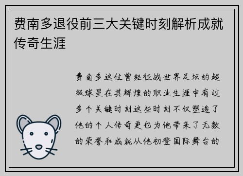 费南多退役前三大关键时刻解析成就传奇生涯