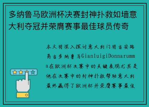 多纳鲁马欧洲杯决赛封神扑救如墙意大利夺冠并荣膺赛事最佳球员传奇